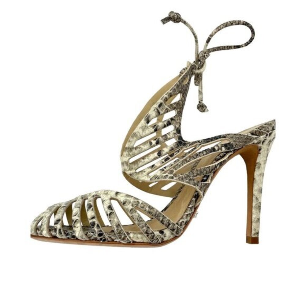 Schutz Anamelia Leather Sandals Snake Print Caged Heels Peep Toe Shoes 7.5